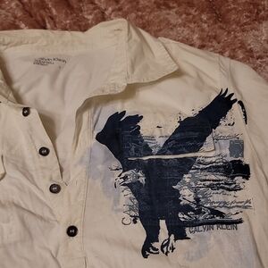 Calvin Klein Men's Large White/Cream Polo Shirt with Blue Logo